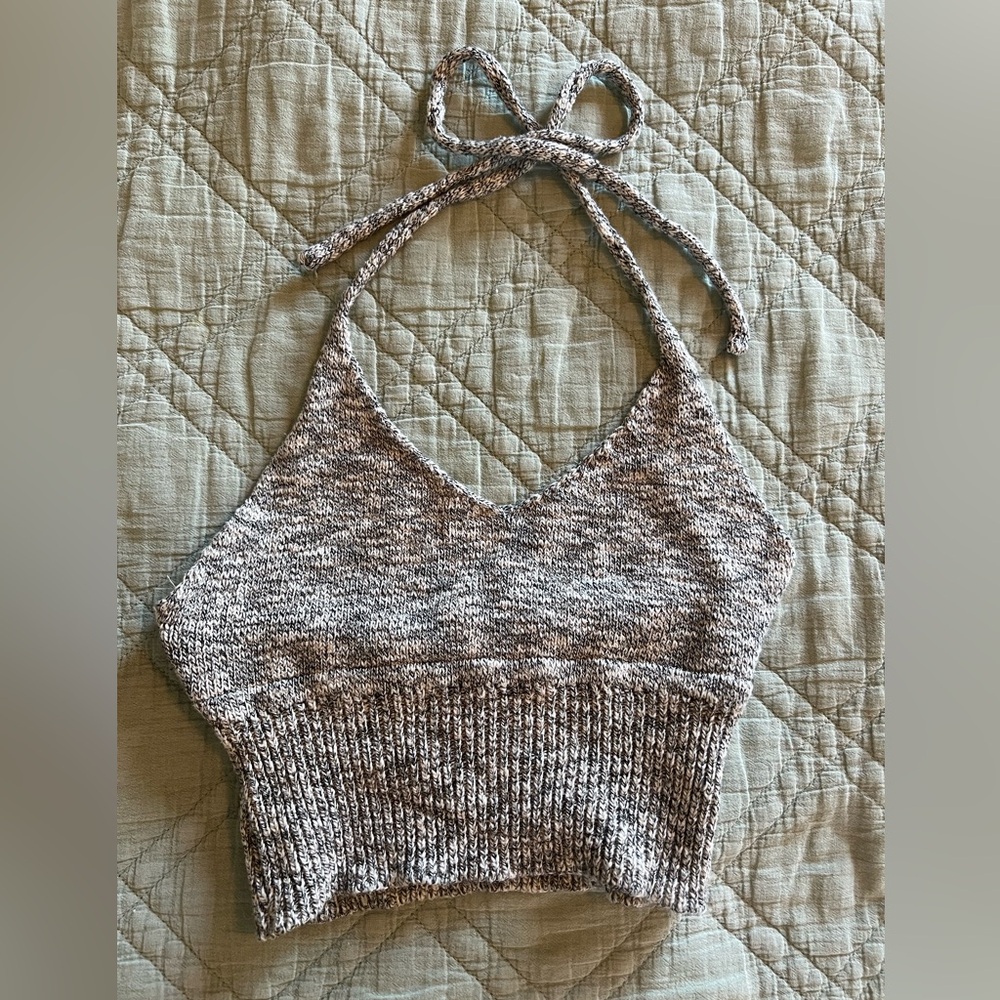 Marbled grey crochet knit knitted halter crop cropped top small